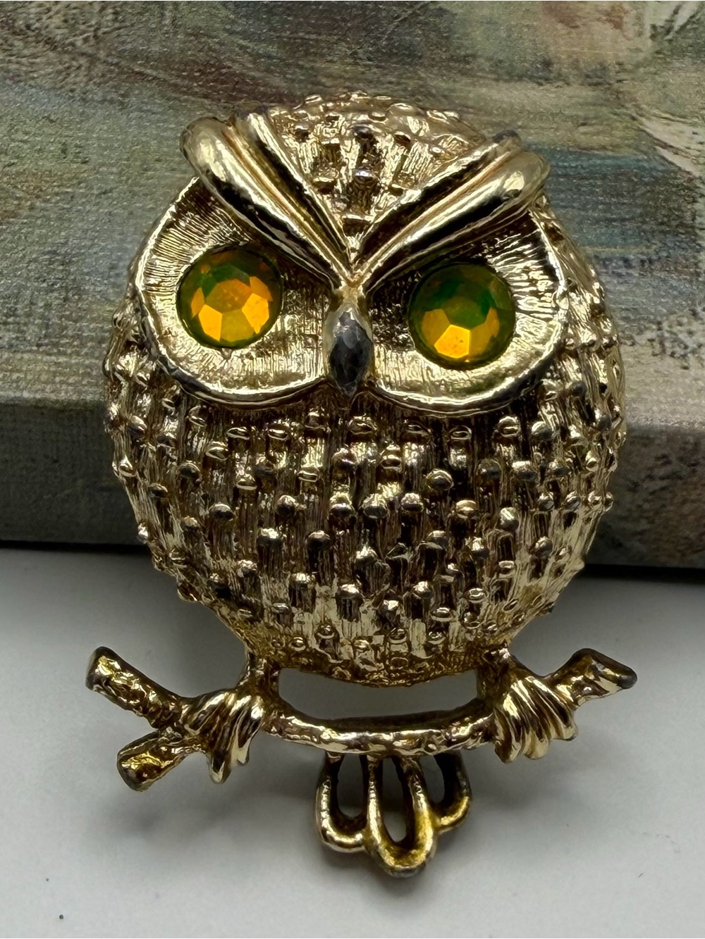 Sarah Coventry Gold Tome Owl Pin with Yellow-Green Rhinestone Eyes-Vintage
